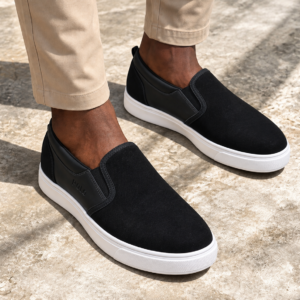 Men’s Black Slip-On Casual Sneakers with White Sole
