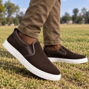 Men’s Brown Slip-On Casual Sneakers with White Sole